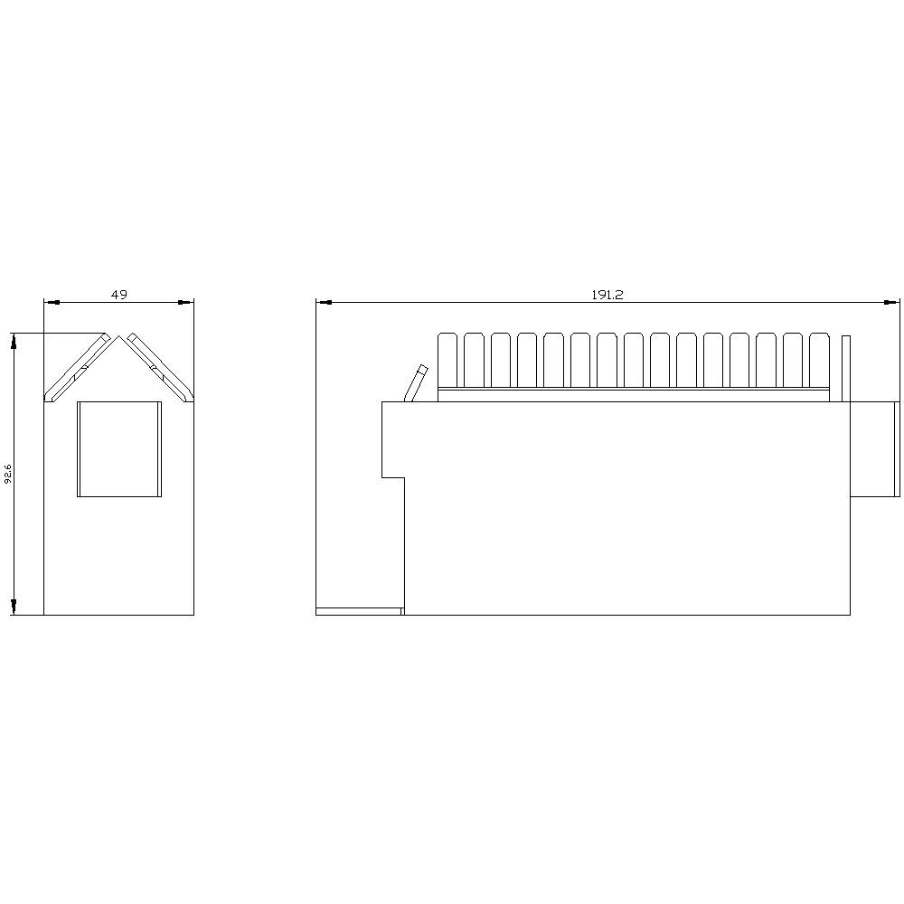 Technische Zeichnung eines rechteckigen Objekts mit Maßen. Ansicht von vorne und der Seite, mit Dach und gemessener Höhe von 78,5.