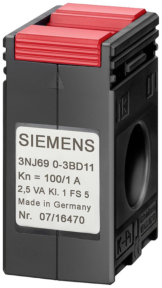 Ein schwarzes elektronisches Bauteil mit rotem Hebel, beschriftet mit technischen Spezifikationen. Textelemente betonen 'Siemens' und 'Made in Germany'.