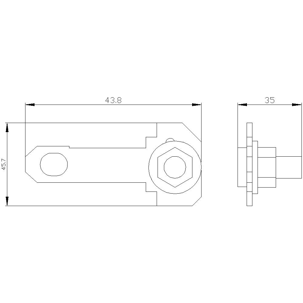 Technische Zeichnung eines mechanischen Bauteils mit Maßen: Länge 43,8 mm, Breite 35 mm. Enthält Details zu Löchern und Verbindungen.