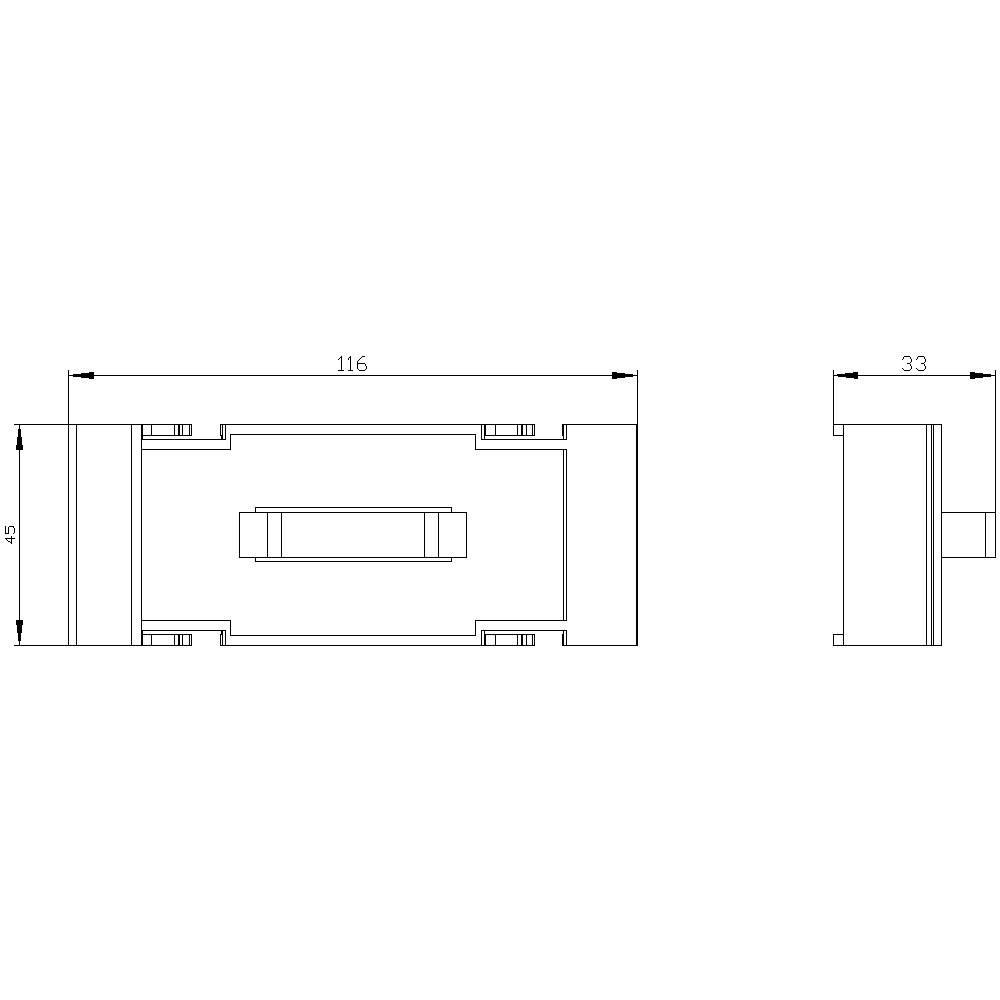 Technische Zeichnung: Vorder- und Seitenansicht eines rechteckigen Bauteils. Maße: 116x45 mm, Tiefe 33 mm.