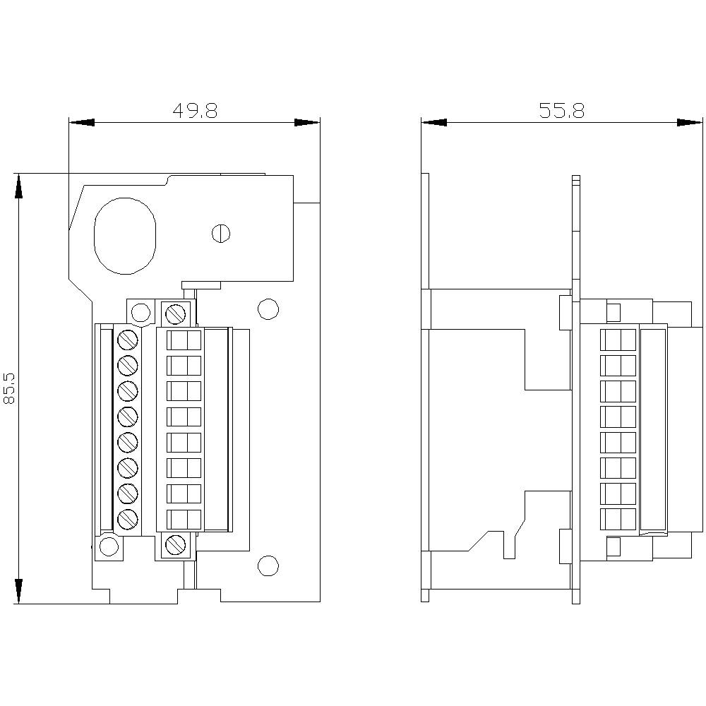 Technische Zeichnung eines elektrischen Anschlussmoduls mit Details zu Länge (49,8 mm), Breite (55,8 mm) und Höhe (85,5 mm).