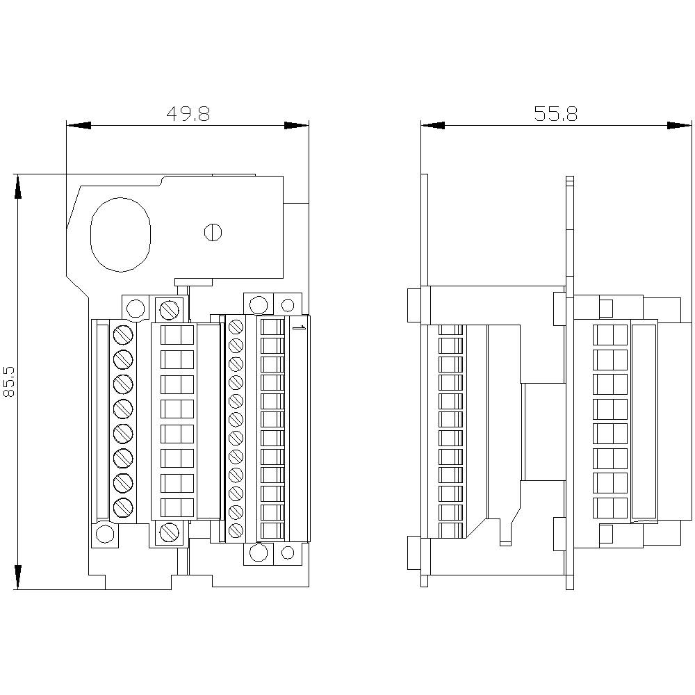Technische Zeichnung zeigt ein elektrisches Terminalmodul mit Maßen: Breite 49,8 mm, Höhe 85,5 mm, Tiefe 55,8 mm. Draufsicht und Seitenansicht sind abgebildet.