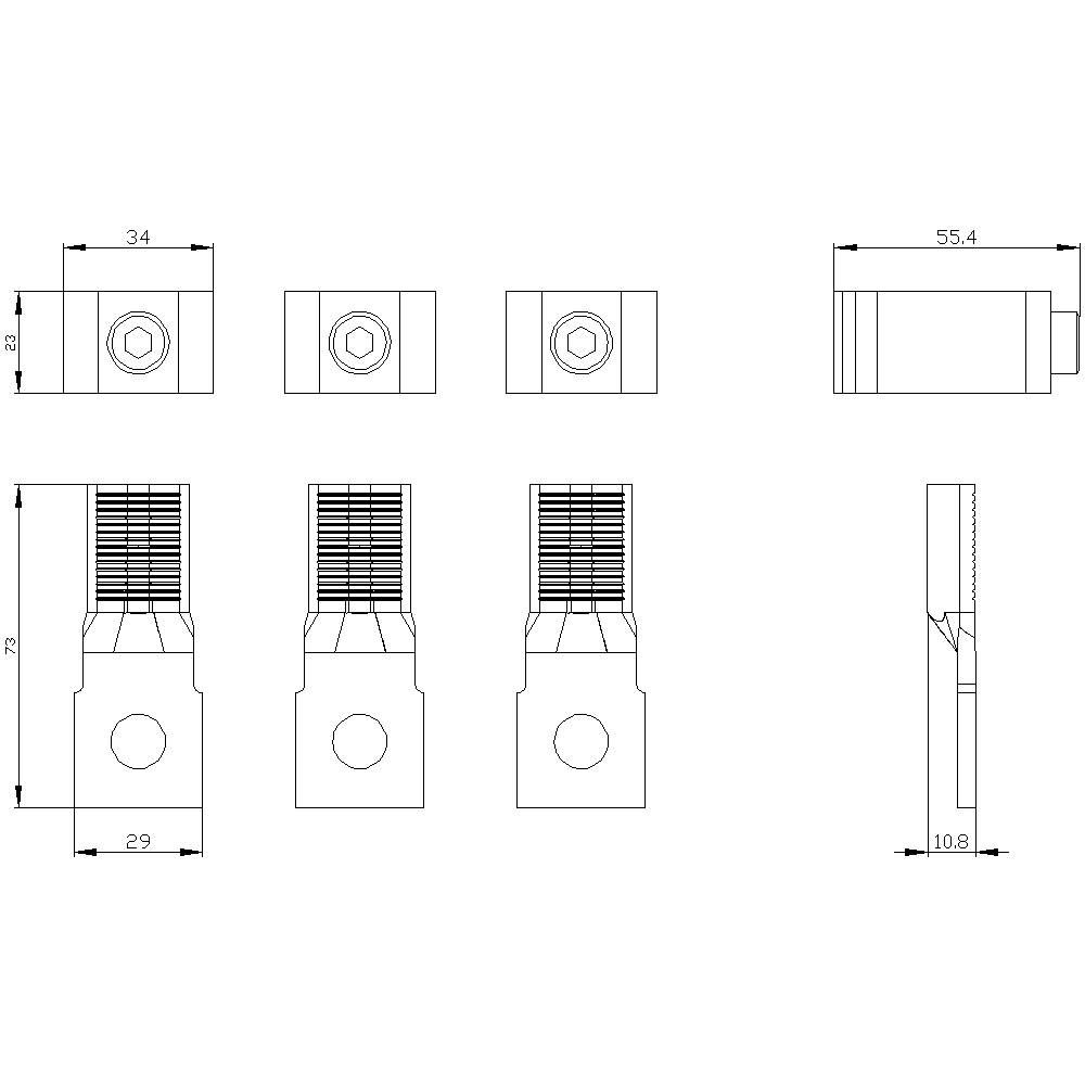 Technische Zeichnung eines Bauteils mit Abmessungen: 34 mm Breite, 72 mm Höhe, 29 mm Länge. Details zeigen Ansichten und Querschnitt.