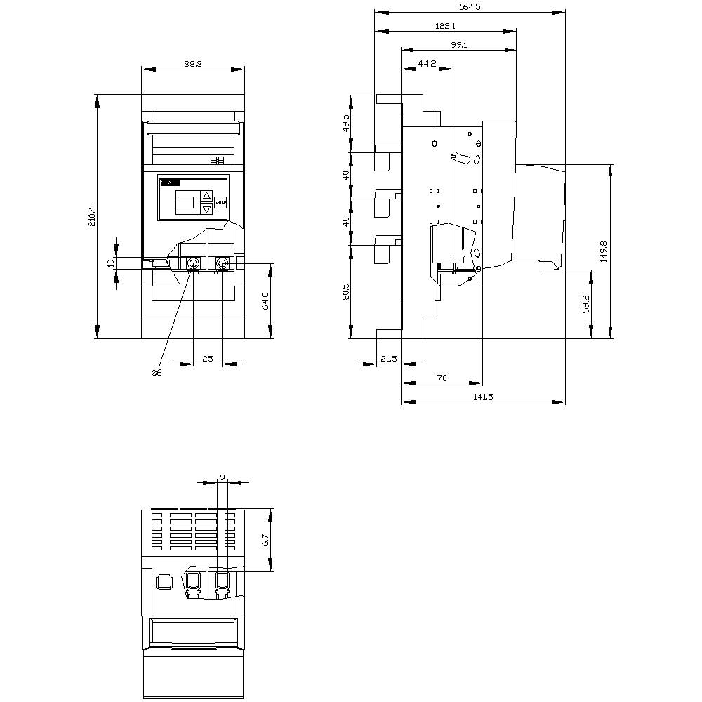 Technische Zeichnung eines Schaltschrankes mit Vorder-, Seiten- und Draufsicht. Abmessungen und Bauteile sind detailliert dargestellt.