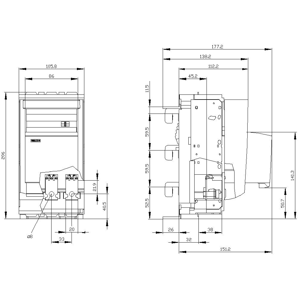 Technische Zeichnung eines Geräts mit detaillierten Maßen in Millimetern. Vorder- und Seitenansicht mit Höhe, Breite und Tiefe.