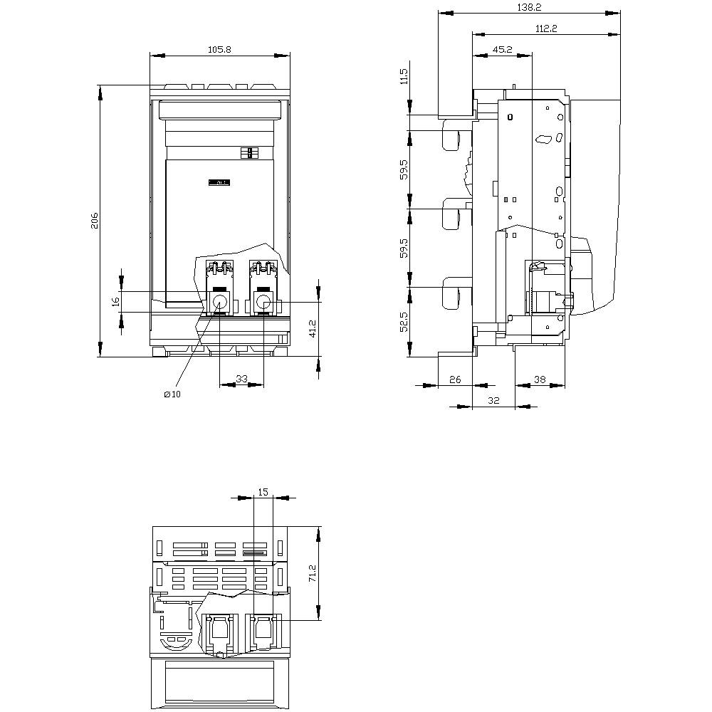 Technische Zeichnung eines elektrischen Schalters mit Maßangaben in drei Ansichten: Vorderansicht, Seitenansicht und Draufsicht.