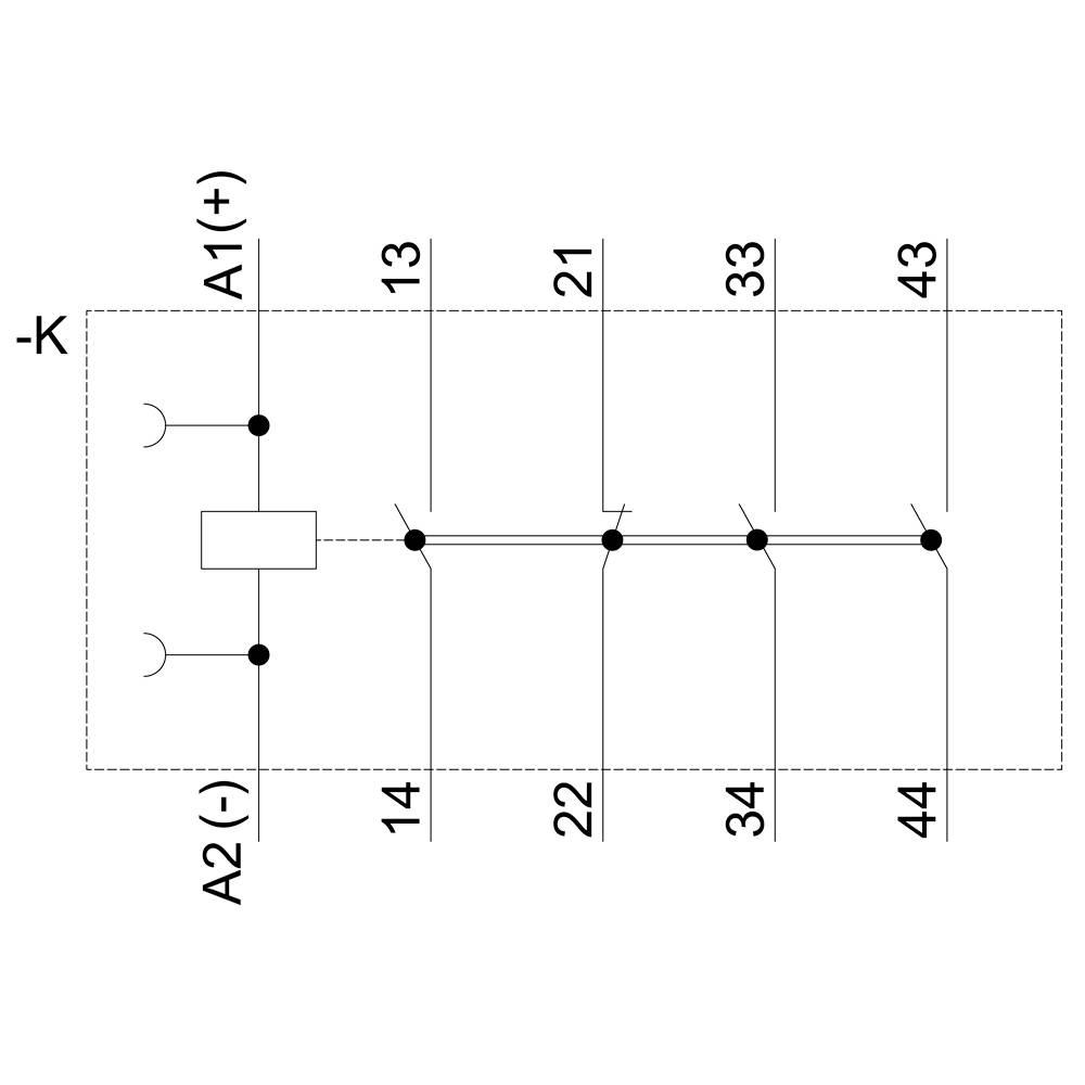 'Schütz K': Diagramm eines Schaltplans mit Plus (A1) und Minus (A2) Anschlüssen, und mehreren nummerierten Kontakten von 13 bis 44.