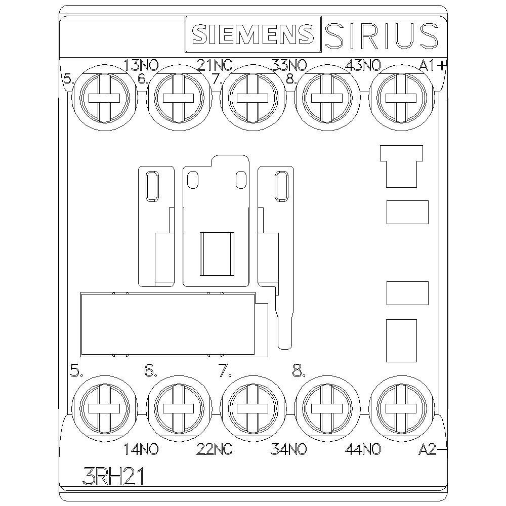 Abbildung eines Siemens SIRIUS Relais 3RH21 mit Anschlüssen oben und unten, beschriftet mit Nummern und Buchstaben.