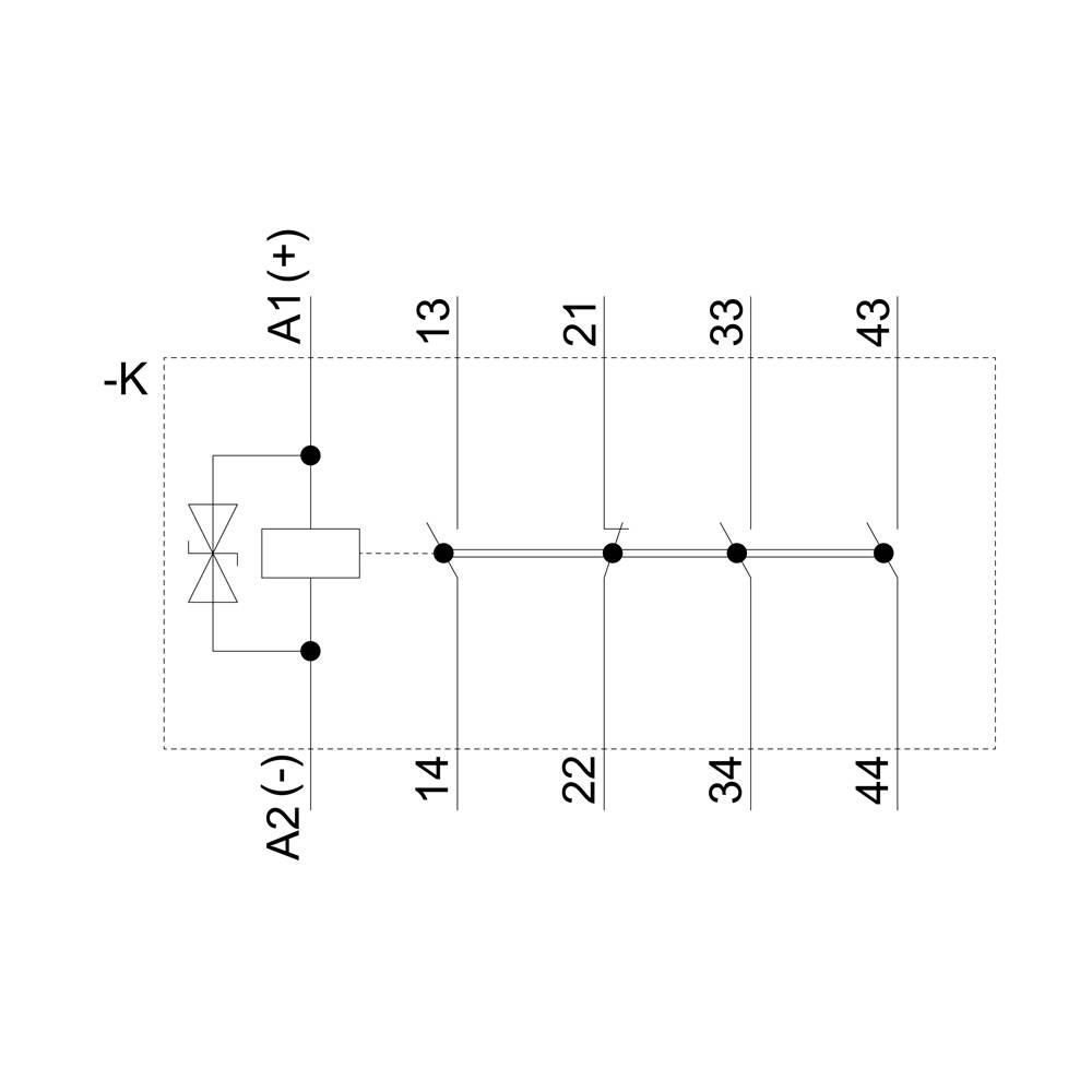 Ein Schaltplan zeigt ein Relais mit den Anschlüssen A1 (+) und A2 (-). Verbindungen führen zu den Kontaktpunkten 13, 14, 21, 22, 33, 34, 43, 44.