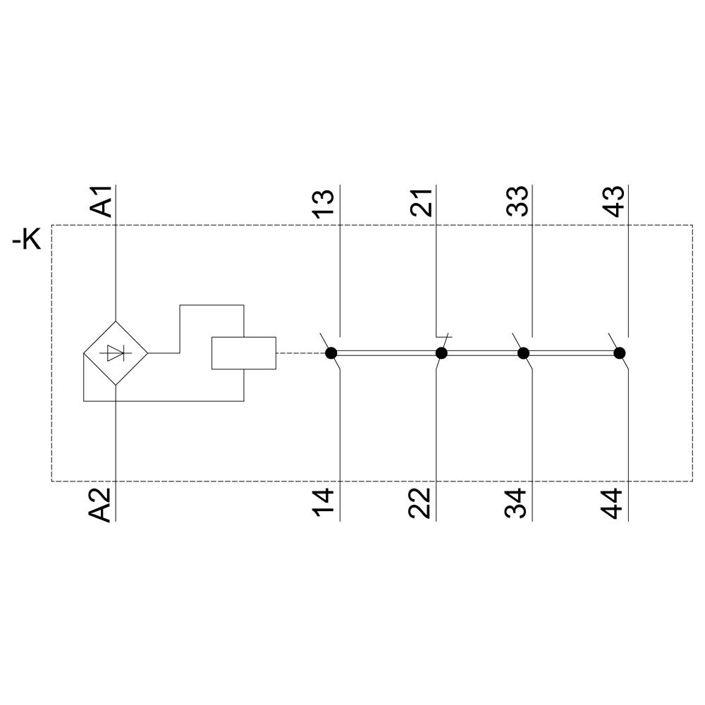 Schematische Darstellung einer Stromschaltung mit einer Diode, mehreren Anschlusspunkten (A1, A2, 13, 21, 33, 43) und Verbindungen.