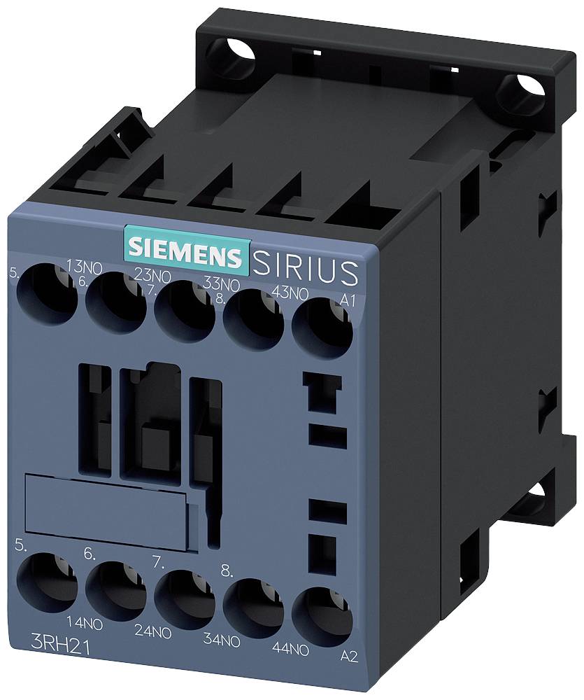 'Siemens Sirius 3RH21' Schütz, schwarzes Gehäuse, blaue Front, mehrere Anschlusspunkte sichtbar, geeignet für industrielle Anwendungen.