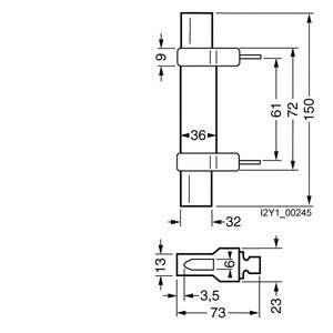 Technische Zeichnung eines Mechanikteils mit Maßen: 150 mm Länge, 61 mm und 72 mm Abstand zwischen den Bohrungen, 36 mm Breite.
