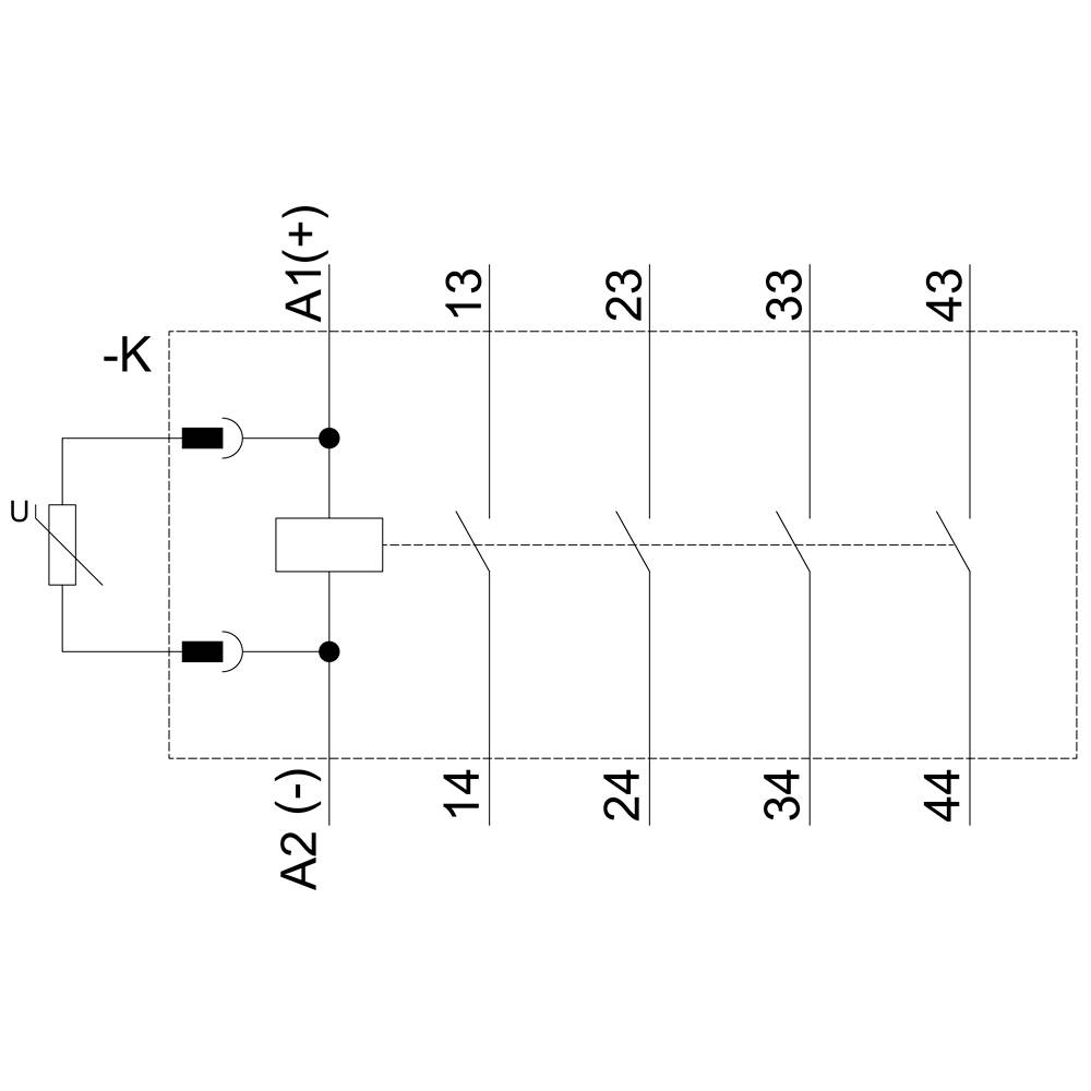 Schaltplan eines Relais mit Spulenanschlüssen A1 und A2, vier Schließern (13-14, 23-24, 33-34, 43-44) und einer Ansprechzeit u.