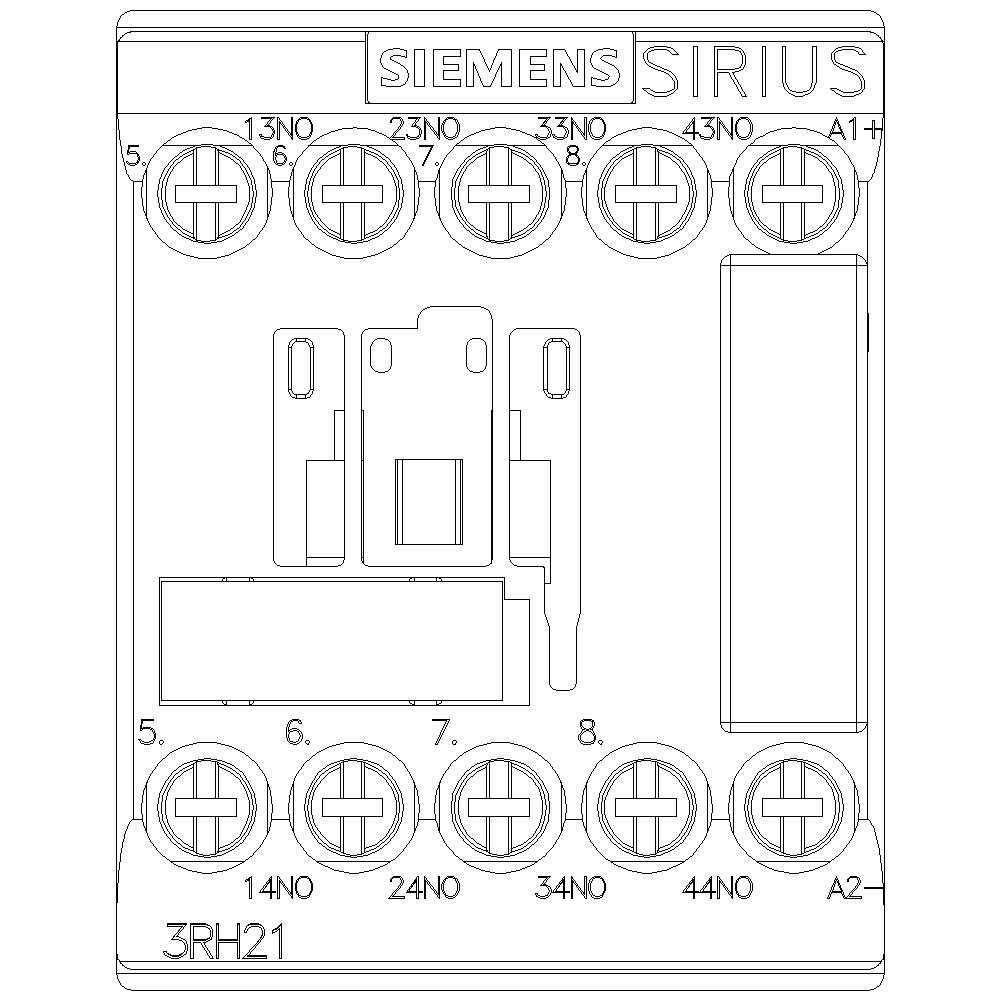 'Siemens Sirius'-Schütz, Modell 3RH21, zeigt Anschlüsse 13NO bis A2 zur Steuerung elektrischer Schaltungen.