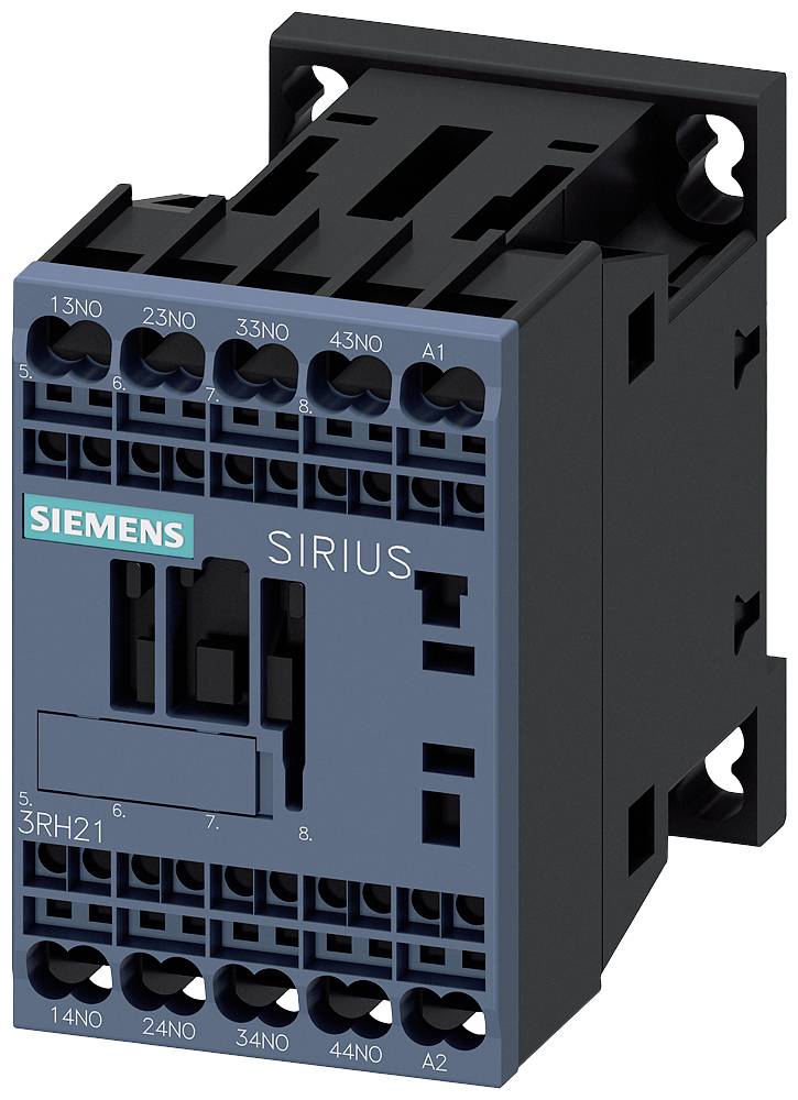 Ein Siemens SIRIUS Schütz, Modell 3RH21, zeigt Anschlüsse und das Firmenlogo. Hauptsächlich verwendet in elektrischen Schaltungen.