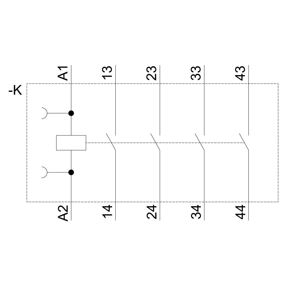 Schaltplan mit Symbolen: Kasten mit Verbindungen zwischen A1 und A2 zu 13-14, 23-24, 33-34, 43-44. Stellt elektrische Verbindung dar.