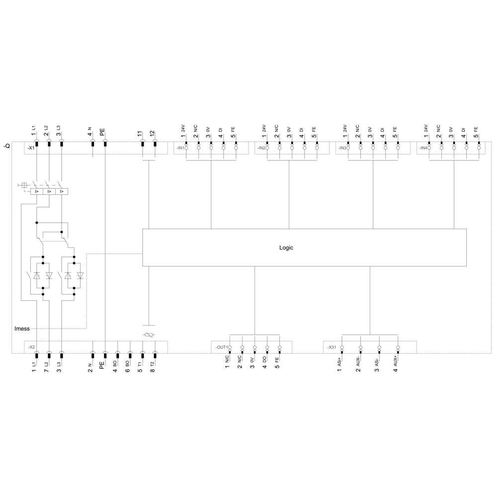 Schaltplan eines elektronischen Logiksystems mit Eingangs- und Ausgangsanschlüssen. Zeigt Verbindungen und Komponentenkennzeichnungen.