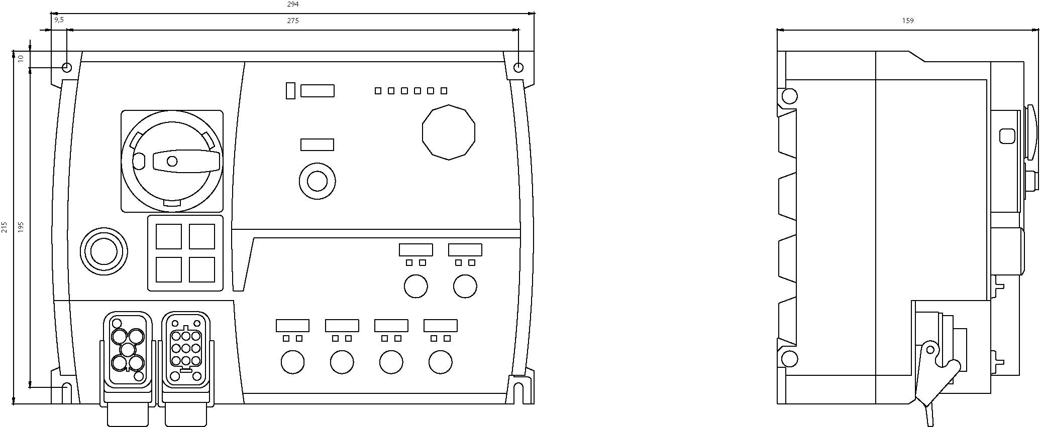 Lineares Diagramm eines elektrischen Steuergerätes mit Anschlussklemmen, Drehregler und Kontrollleuchten, Maße angegeben.