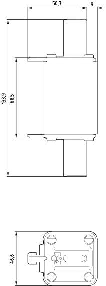 Technische Zeichnung eines rechteckigen Bauteils mit Maßen von 133,9 mm Länge, 50,7 mm Breite, und 68,5 mm Höhe.
