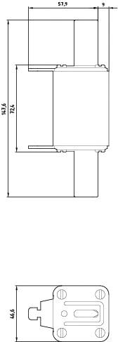 Technische Zeichnung eines rechteckigen Geräts mit Maßen. Oben: Breite 57,9, Höhe 143,6. Unten: Höhe 64,6, Befestigungslöcher sichtbar.