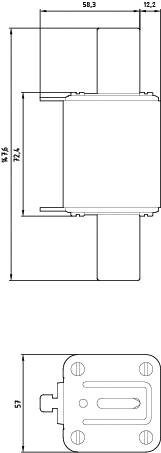 Technische Zeichnung eines rechteckigen Bauteils mit Maßen: 58,3 mm x 72,6 mm x 12,2 mm. Unteransicht zeigt Montagelöcher.