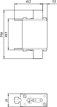 Technische Zeichnung eines rechteckigen Bauteils mit Abmessungen: 45,2 mm Breite, 77,8 mm Höhe und 7,3 mm Tiefe.
