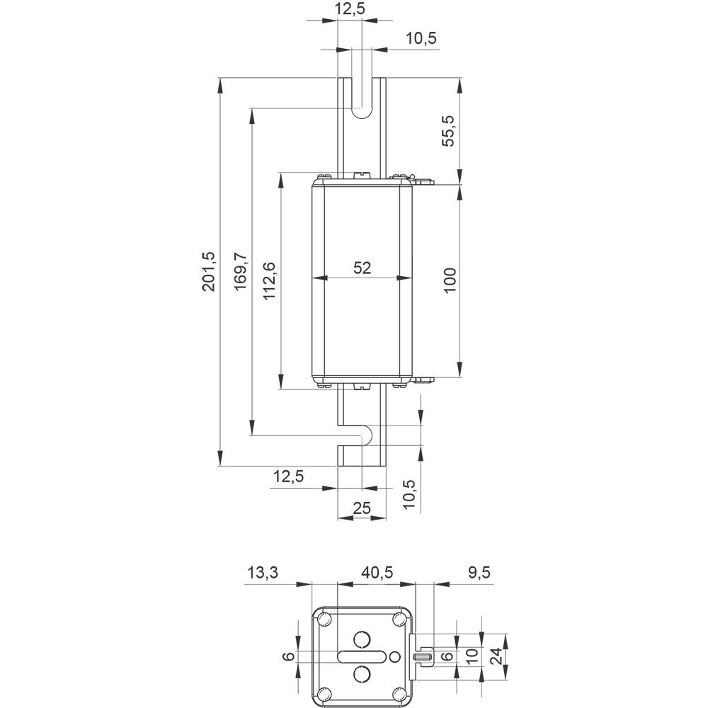 Technische Zeichnung eines rechteckigen Bauteils mit Maßen. Oben: Länge 201,5 mm, Breite 12,5 mm. Unten: Ansicht von oben, 40,5 mm breit.