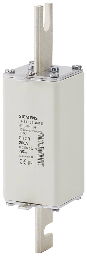 Industriesicherung von Siemens, Modell 3NB1 126-4KK11, Stromstärke 200A, 550V. Gehäusefarbe: Weiß, Label mit Spezifikationen.
