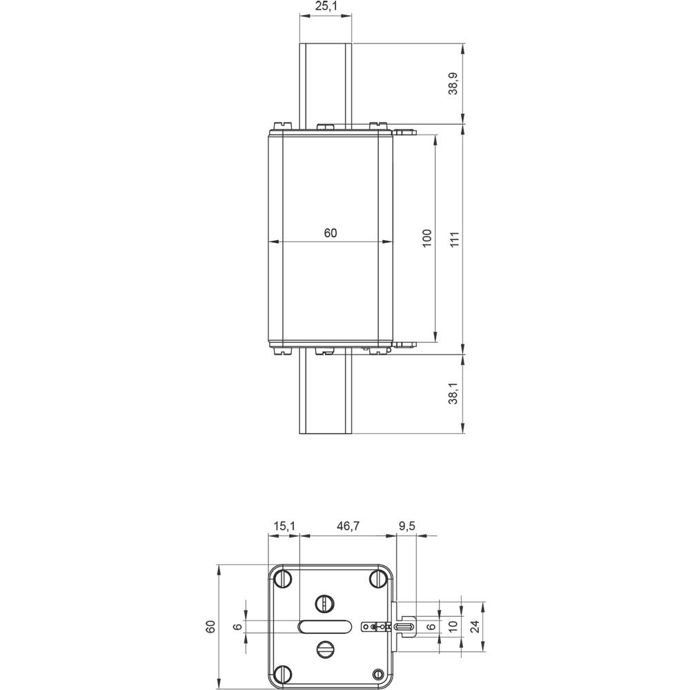 Technische Zeichnung eines rechteckigen Bauteils mit Bemaßungen in Millimetern: 60x100, Positionen und Bohrungen sind angegeben.