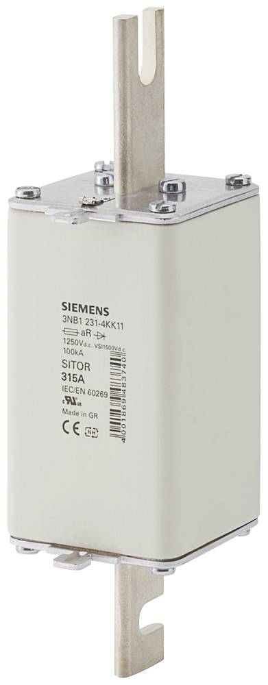 Ein großer, rechteckiger Hochspannungssicherungseinsatz mit Metallklemmen an beiden Enden. Beschriftung zeigt technische Spezifikationen.
