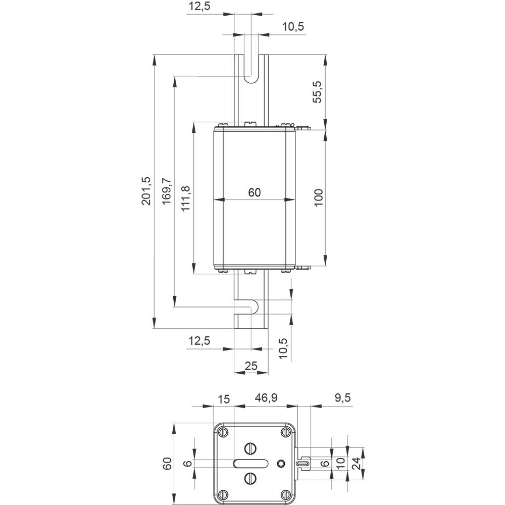 Technische Zeichnung eines rechteckigen Bauteils mit genauen Maßangaben in Millimetern. Detaillierte Linienführung und Seitenansichten.