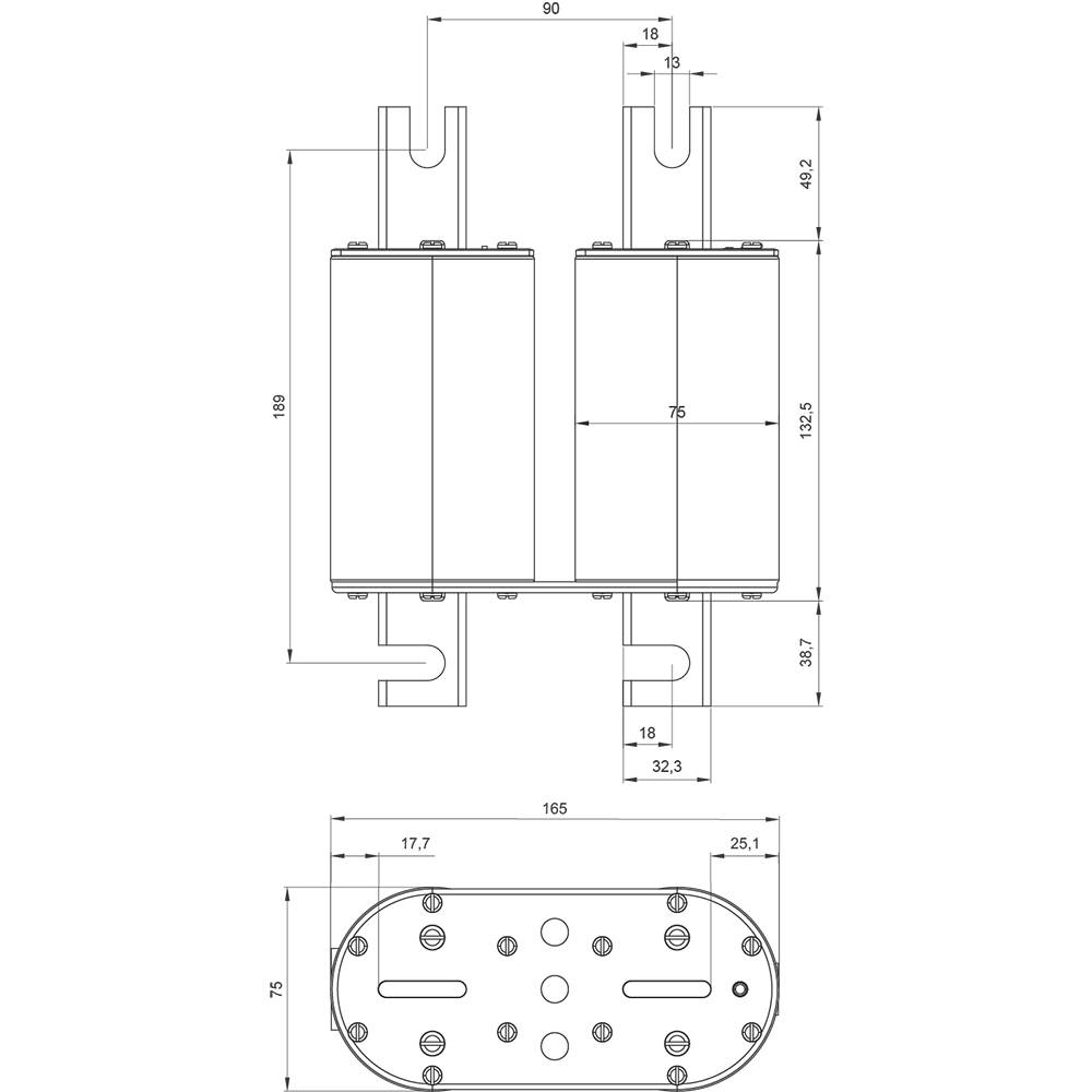 Technische Zeichnung eines Bauteils mit Maßen. Oben: Zwei vertikale Zylinder nebeneinander. Unten: Oval mit Befestigungspunkten.