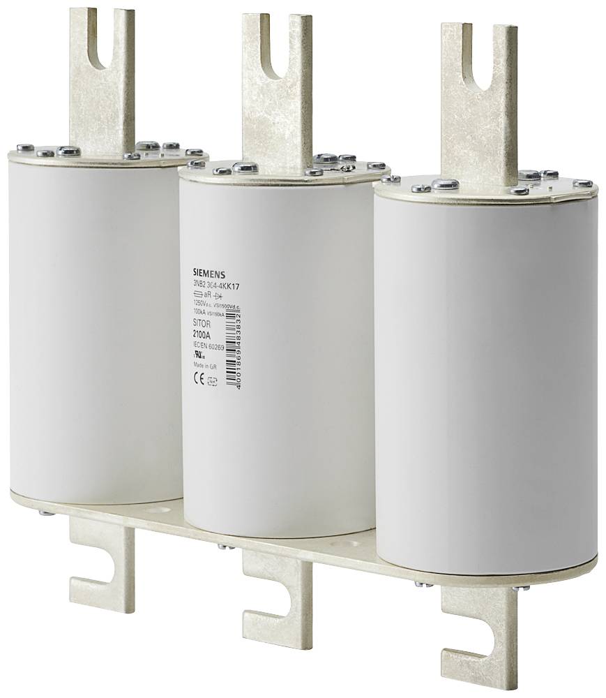 Drei weiße elektrische Kondensatoren, vertikal angeordnet, mit metallischen Anschlüssen oben. Siemens-Logo und Label sichtbar.