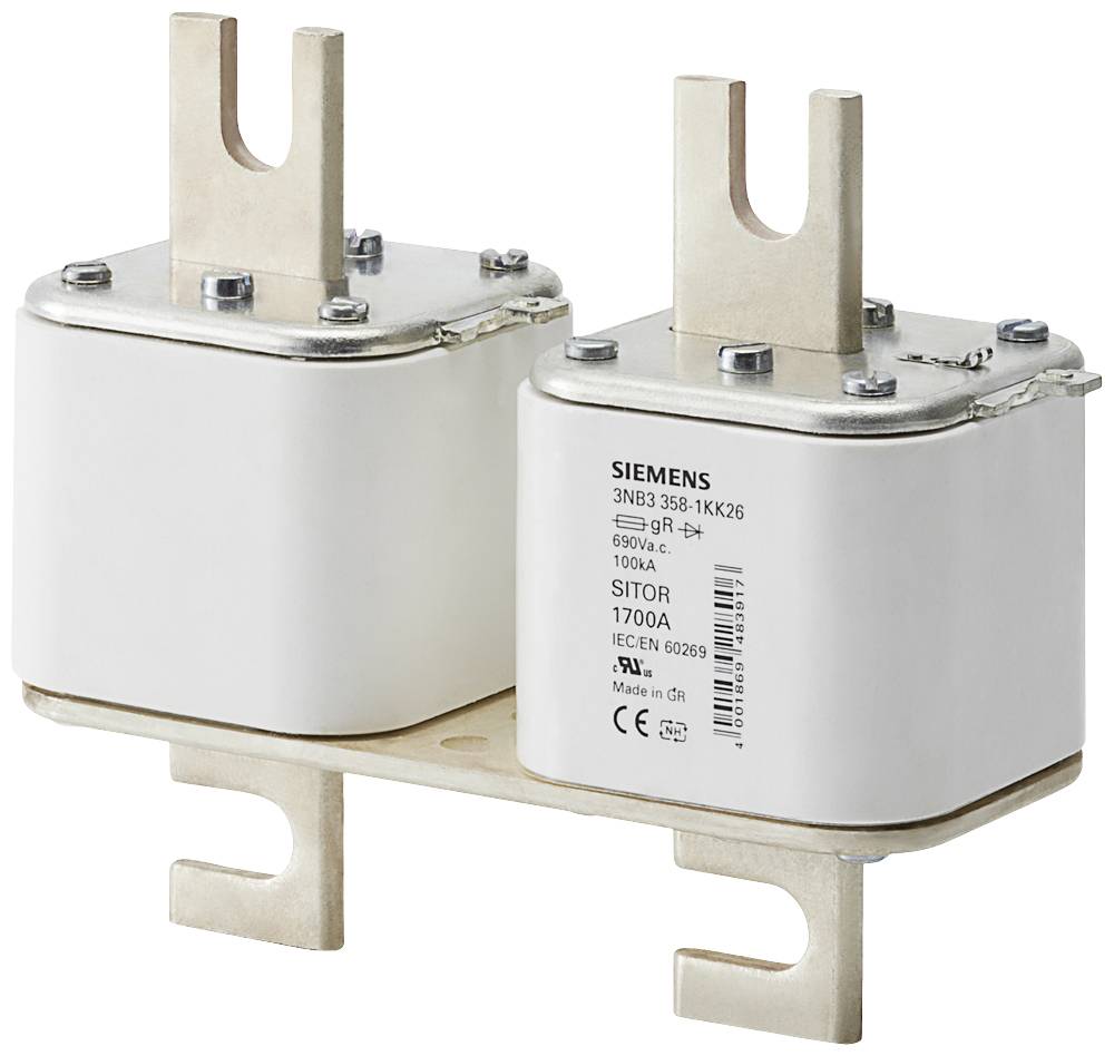 Zwei weiße elektrische Sicherungen auf einer Metallhalterung von Siemens, Modellnummer 3NB3 358-1K. Geeignet für 690V, 100A.