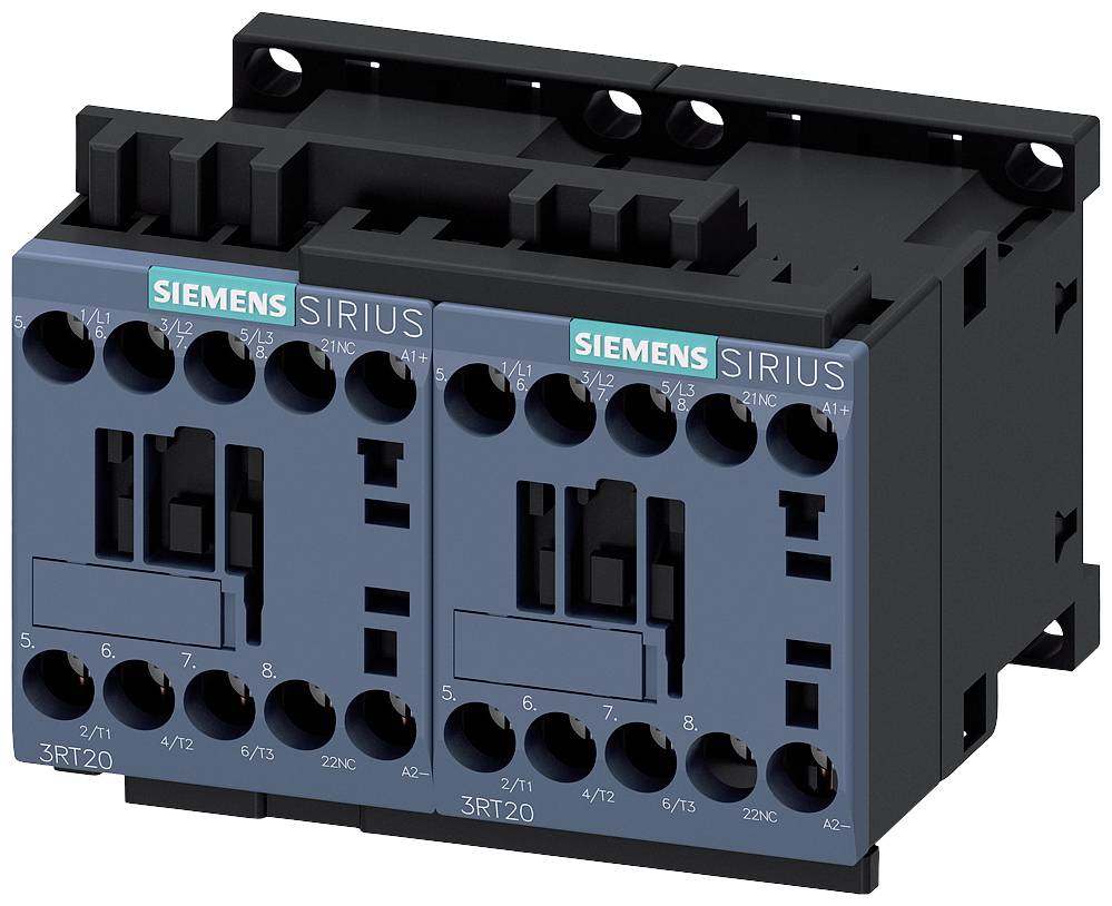 Ein schwarzer Siemens Sirius Schütz mit zwei blauen Kontaktblöcken. Er wird in elektrischen Schaltkreisen zur Steuerung verwendet.
