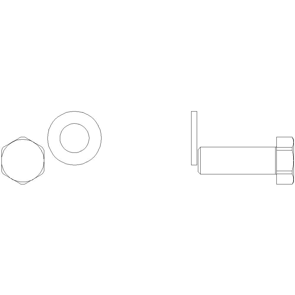 Zeichnung eines Schraubensets mit Mutter, Beilagscheibe und Schraube. Ansicht von oben und von der Seite.