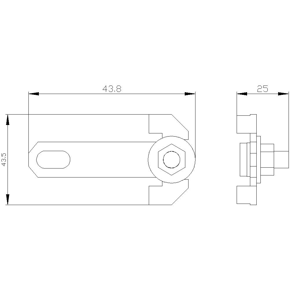 Technische Zeichnung zeigt eine Metallkomponente mit Maßen 43,8 mm Länge und 25 mm Breite, inklusive Seiten- und Frontalansicht.