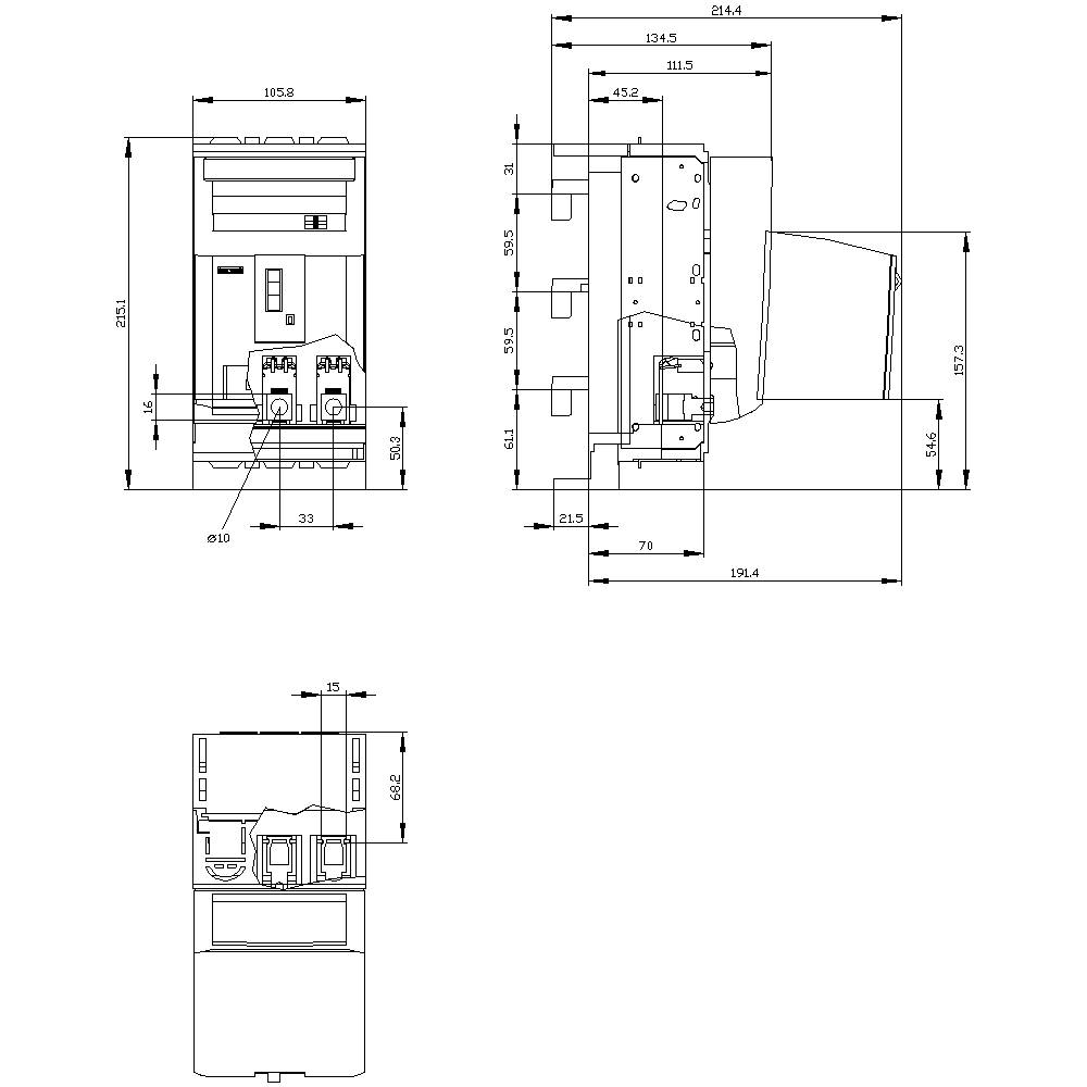 Technische Zeichnung eines elektronischen Gerätes mit Maßen in Millimetern. Ansichten von vorne, oben und seitlich zeigen Gehäuse und Anschlüsse.