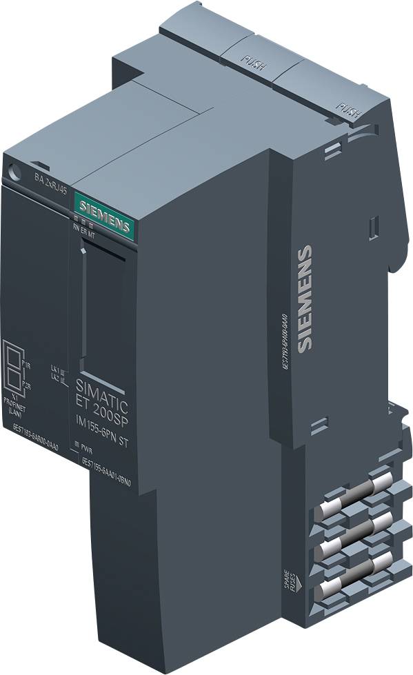 Industrieautomatisierungskomponente, etwa 12 cm hoch, dunkelgrau, Markenlogo sichtbar, modularer Aufbau, Seitennummern abgebildet.