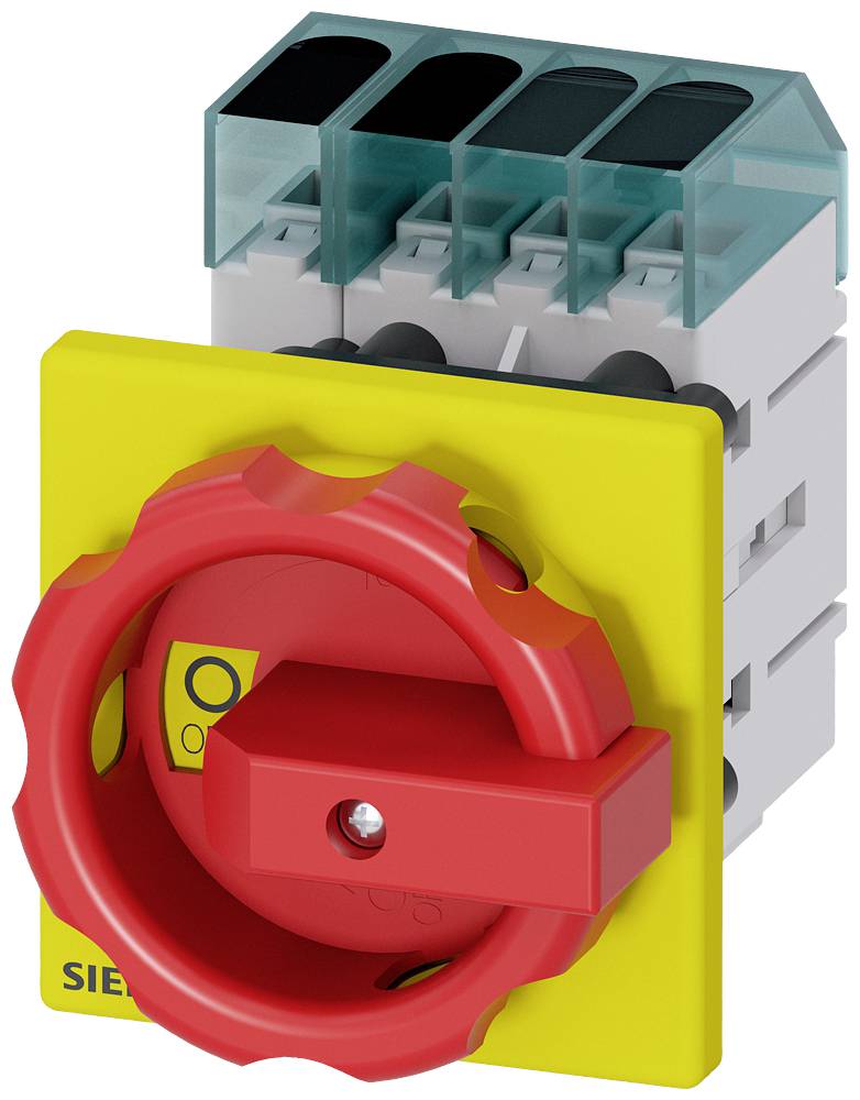 Ein roter Hauptschalter mit gelbem Gehäuse, typischerweise für industrielle Anwendungen. Der Schalter ist auf 'Aus' gestellt.