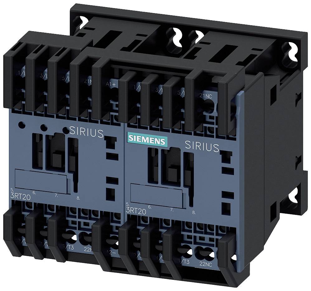 Zwei schwarze Siemens SIRIUS Schütze nebeneinander. Sie sind kompakte elektromechanische Schaltgeräte, die in Steuerungen verwendet werden.
