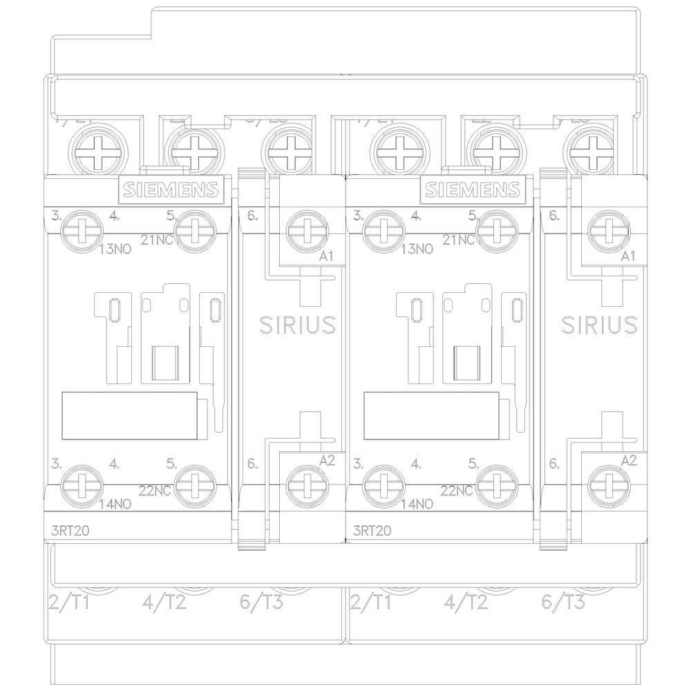 Technische Zeichnung von drei nebeneinander angeordneten Siemens SIRIUS Schützen mit Anschlüssen und Beschriftungen.