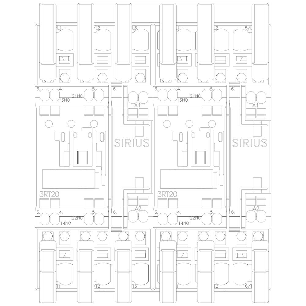Technische Zeichnung von drei elektronischen Bauteilen in einer Reihe, markiert mit 'SIRIUS' und '3RT20'. Zeigt Schaltkreiskomponenten und Anschlüsse.