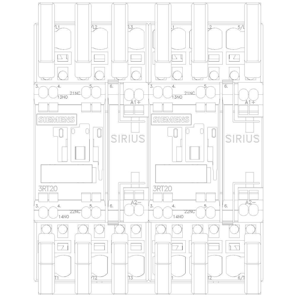 Technische Zeichnung von drei nebeneinander angeordneten Siemens SIRIUS 3RT20 Schützen, zeigt elektrische Details und Verbindungen.