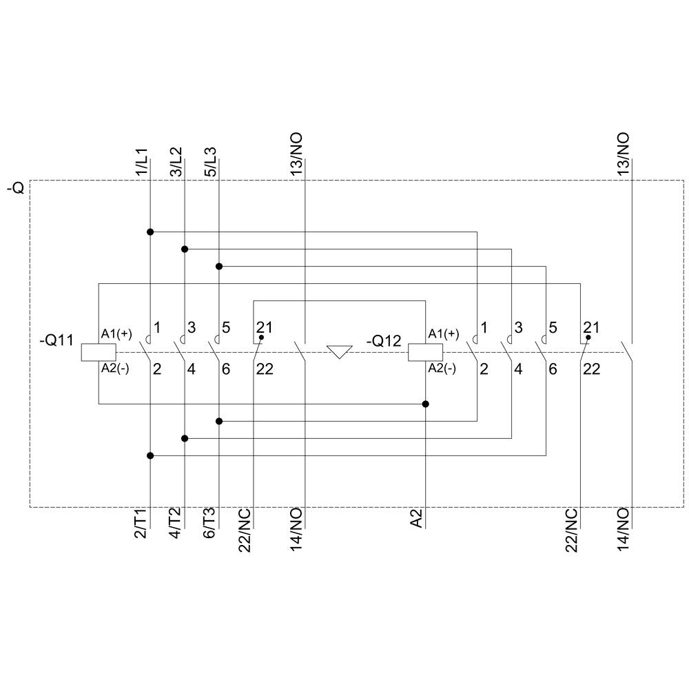 Schaltplan-Diagramm einer Relais-Schaltung mit Beschriftungen der Anschlüsse: Q11, Q12, A1(+), A2(-) und nummerierten Punkten.