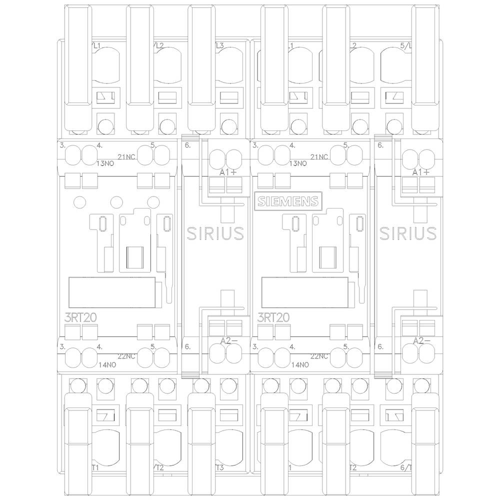 Technische Zeichnung von Siemens SIRIUS Schützenanordnung. Zeigt Kontakte und Schaltkreise der Modelle 3RT20 zur Steuerung elektrischer Lasten.