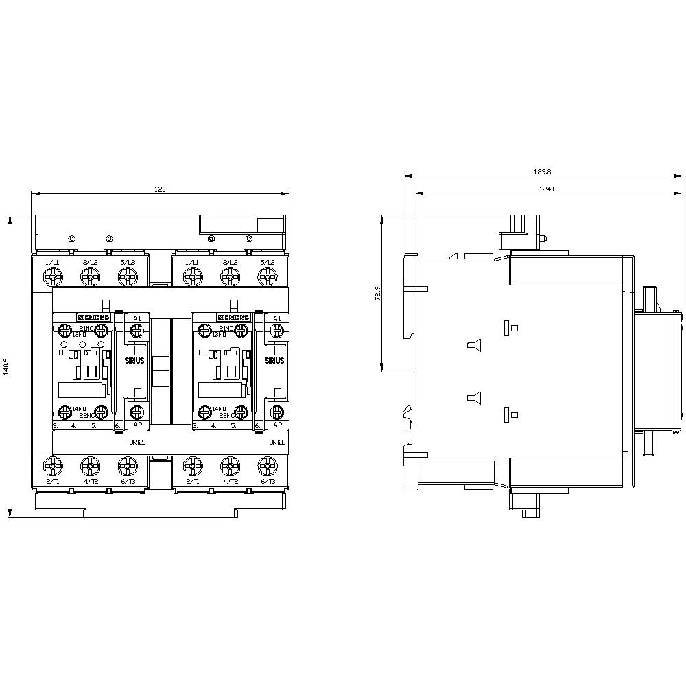 Technische Zeichnung eines elektrischen Schaltgeräts mit Abmessungen und Details von Anschlusspunkten und Komponenten aus Vorder- und Seitenansicht.