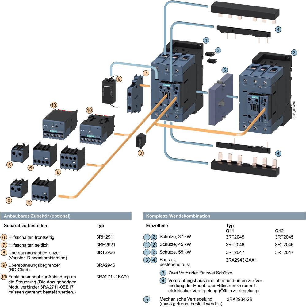 Diagramm zeigt Installation von elektrischem Zubehör. Dazu gehören Hilfsschalter, Überspannungsauslöser und Schütze. Typen und Bestellnummern sind aufgelistet.