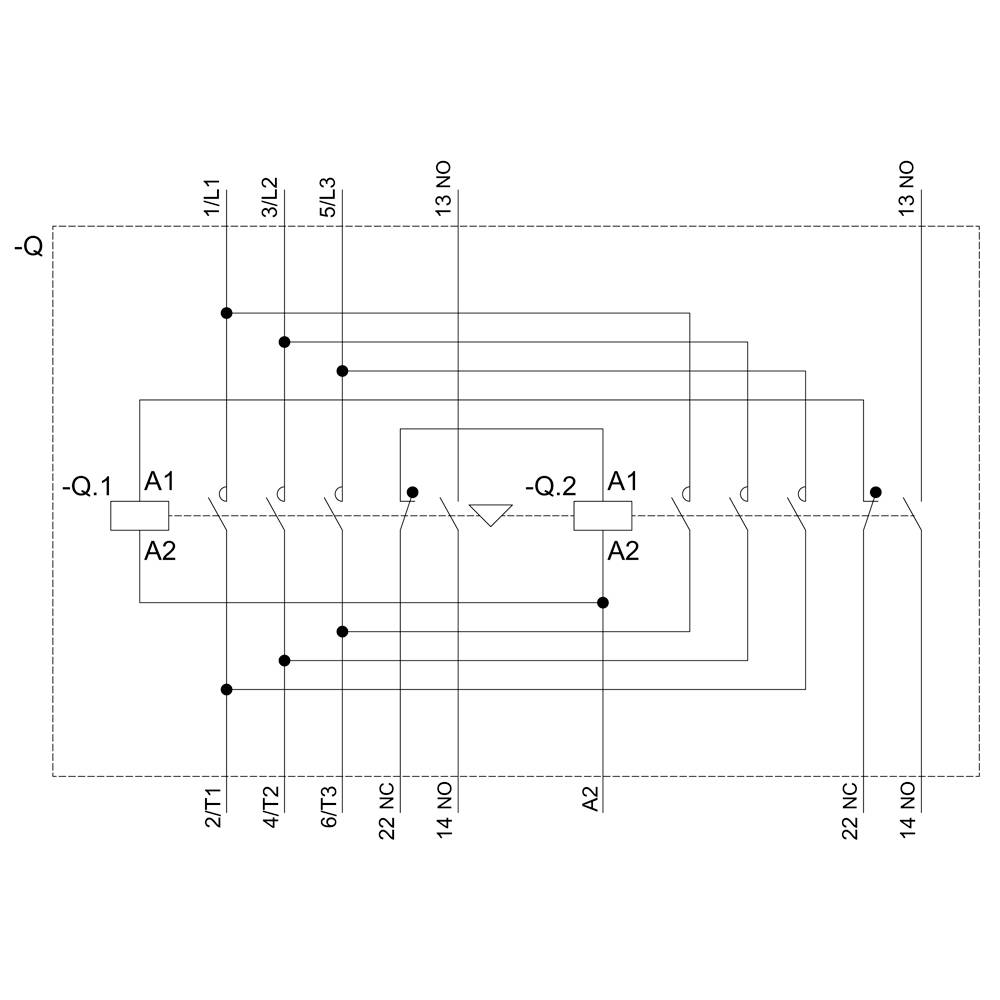 Schaltplan eines elektrischen Schaltkreises mit Relais und Leitungen. Hauptelemente: Relais Q1, Q2, Anschlüsse L1, L2, L3, und A1, A2.