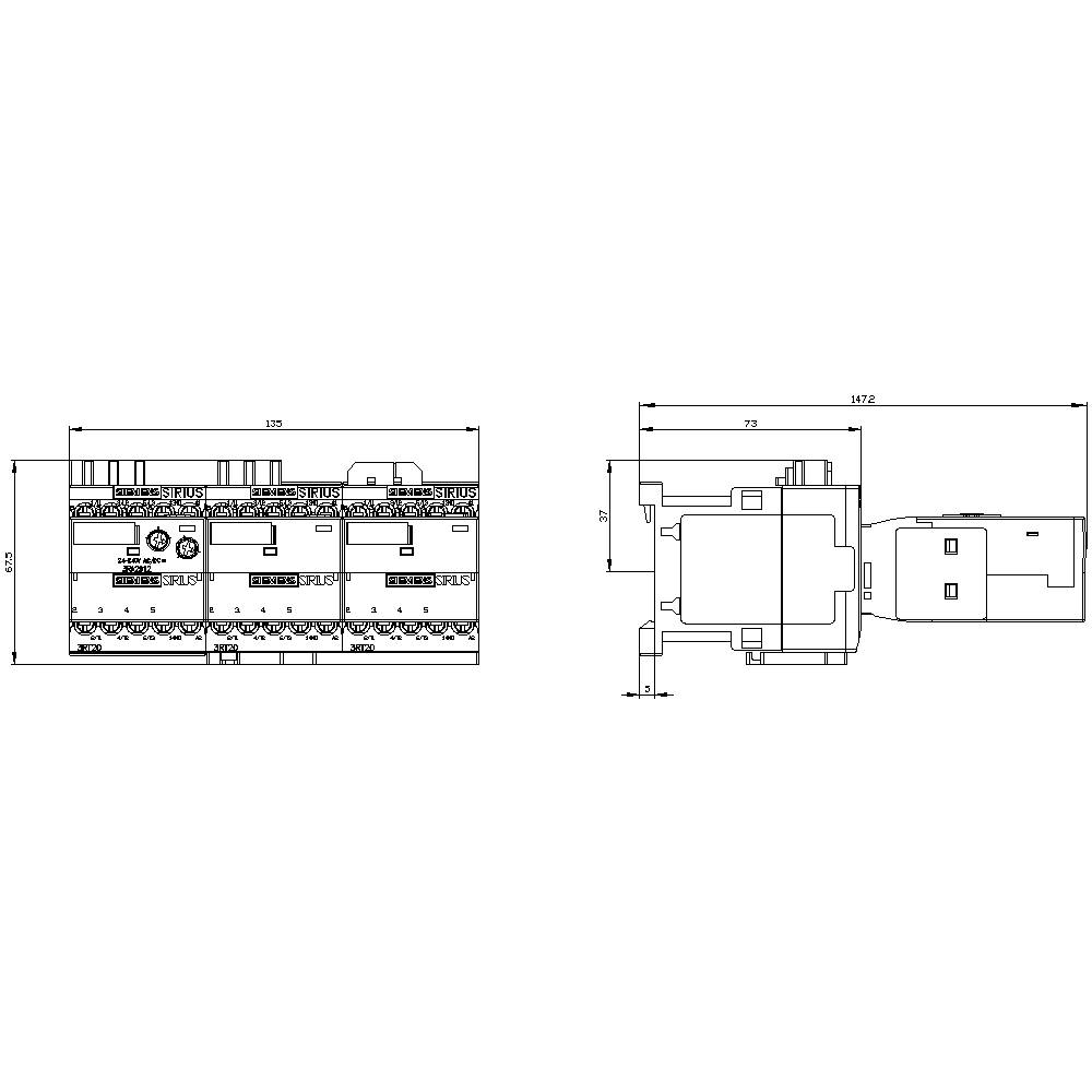 Technische Zeichnung eines dreiphasigen Schalters mit seitlicher und frontaler Ansicht. Abmessungen: Breite 87 mm, Höhe 130 mm.